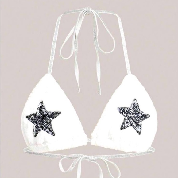 Tops - White Bikini Top with Black Star Accents